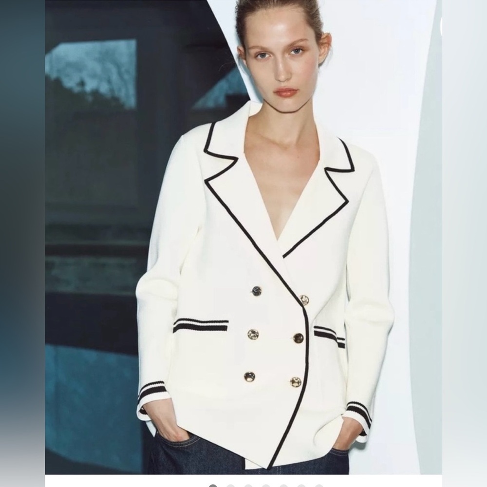 Zara Double-Breasted White Knit Blazer with Black Trim